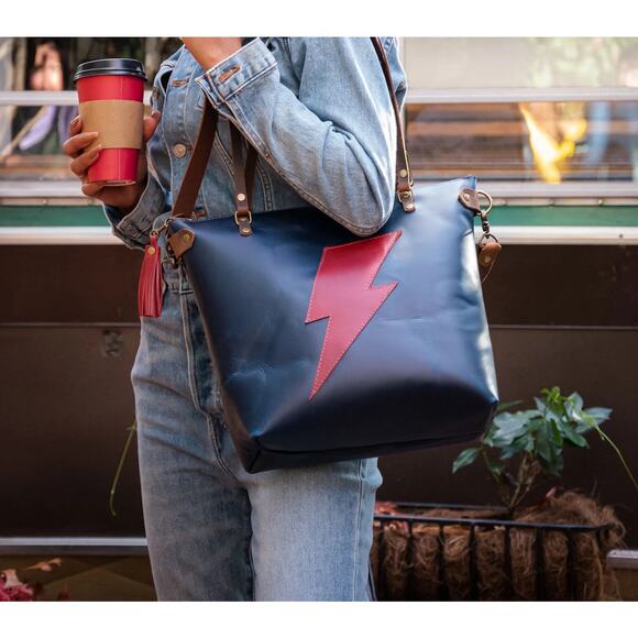 In blue handmade The Stardust Bolt Tote Leather Tote Bag - Picture 1 of 11